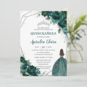 Quinceañera Emerald Green Floral Silver Princess Kaart (Staand voorkant)