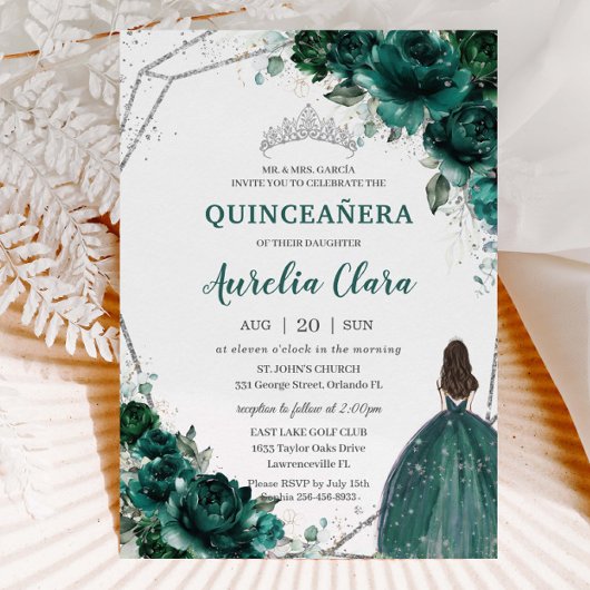 Quinceañera Emerald Green Floral Silver Princess Kaart