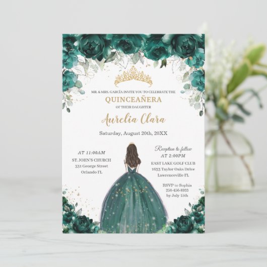 Quinceañera Emerald Green Floral Tiara Princess Kaart (Staand voorkant)