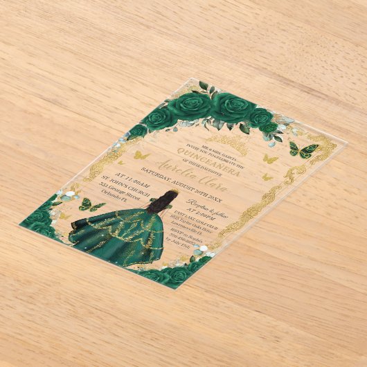 Quinceañera Emerald Green Floral Zwart Haar Goud Acryl Uitnodigingen (Laagn)