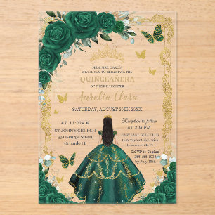 Quinceañera Emerald Green Floral Zwart Haar Goud Acryl Uitnodigingen