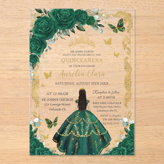 Quinceañera Emerald Green Floral Zwart Haar Goud Acryl Uitnodigingen (Voorkant)
