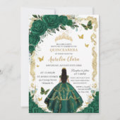 Quinceañera Emerald Green Floral Zwart Haar Goud Kaart (Voorkant)