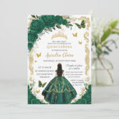 Quinceañera Emerald Green Floral Zwart Haar Goud Kaart (Staand voorkant)