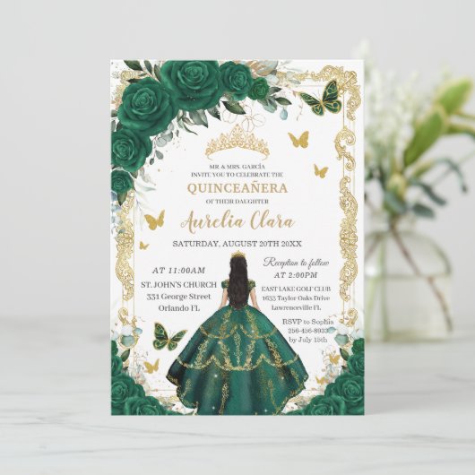 Quinceañera Emerald Green Floral Zwart Haar Goud Kaart (Staand voorkant)