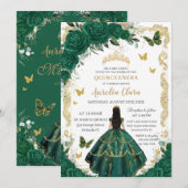 Quinceañera Emerald Green Floral Zwart Haar Goud Kaart (Voorkant / Achterkant)