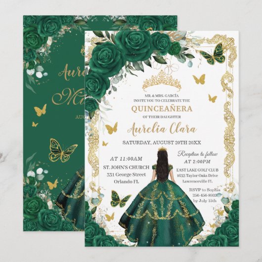 Quinceañera Emerald Green Floral Zwart Haar Goud Kaart (Voorkant / Achterkant)