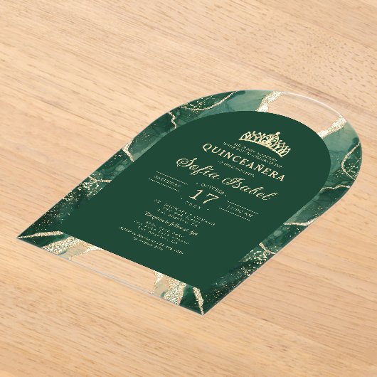 Quinceañera Emerald Green Gold Agaat Elegant Acryl Uitnodigingen (Laagn)