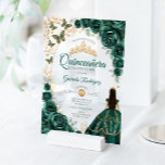 Quinceanera Emerald Green Gold Floral Acryl Uitnodigingen<br><div class="desc">Emerald green,  gold and white Quinceanera celebration invitation. Features brunette girl in ball gown dress,  script font,  gold butterflies,  watercolor roses and tiara. Perfect for an elegant princess style glam celebration. Personalize with your own details. Stylish transparent or frosted acrylic invitations.</div>