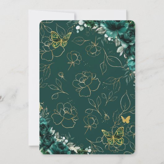 Quinceañera Emerald Green Gold Floral Butterflies Kaart (Achterkant)