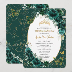 Quinceañera Emerald Green Gold Floral Butterflies Kaart