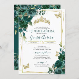 Quinceañera Emerald Green Gold Floral Butterfly Kaart