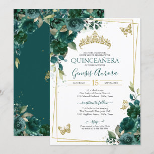 Quinceañera Emerald Green Gold Floral Butterfly Kaart