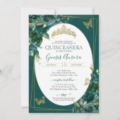 Quinceañera Emerald Green & Gold Floral Butterfly Kaart (Voorkant)