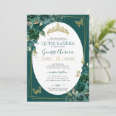 Quinceañera Emerald Green & Gold Floral Butterfly Kaart (Staand voorkant)