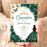 Quinceanera Emerald Green Gold Floral Kaart<br><div class="desc">Emerald green,  gold and white Quinceanera celebration invitation. Features brunette girl in ball gown dress,  script font,  gold butterflies,  watercolor roses and tiara. Perfect for an elegant princess style glam celebration. Personalize with your own details. Printed Zazzle invitations or instant download digital printable template.</div>
