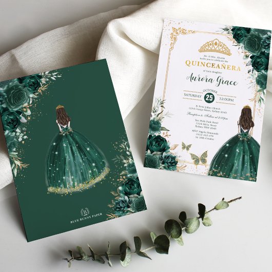 Quinceañera Emerald Green Gold Floral Princess Kaart