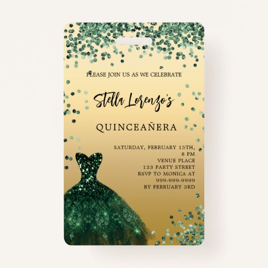 Quinceanera emerald green goudjurk badge (Voorkant)
