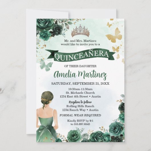 Quinceanera Emerald Green Jurk Gouden Vlinder Kaart (Voorkant)
