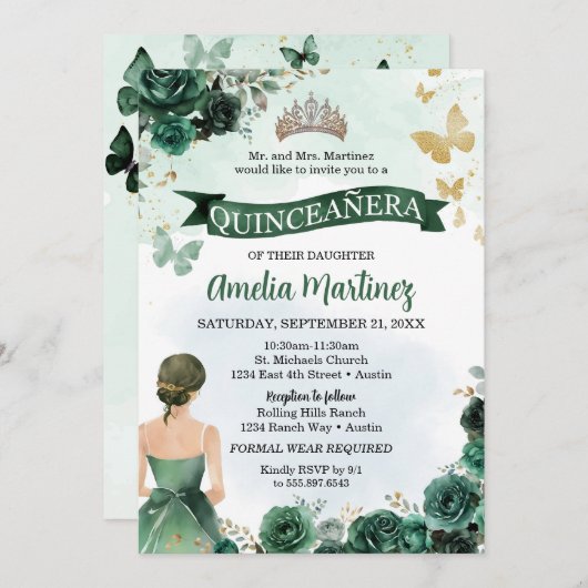 Quinceanera Emerald Green Jurk Gouden Vlinder Kaart (Voorkant / Achterkant)
