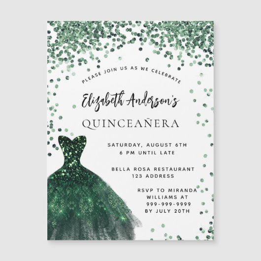 Quinceanera emerald green jurk witte luxe magnetische uitnodiging (Voorkant)