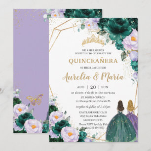 Quinceañera Emerald Green Lila Floral Rozen Twins Kaart