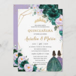 Quinceañera Emerald Green Lila Floral Rozen Twins Kaart<br><div class="desc">Pas deze mooie quinceañera-uitnodiging gemakkelijk en snel aan met eigen tekst. Druk op de knop Aanpassen om de stijl en plaatsing van de tekst verder te herschikken en te formatteren. Overeenkomende objecten in de winkel! c) De Happy Cat Studio</div>