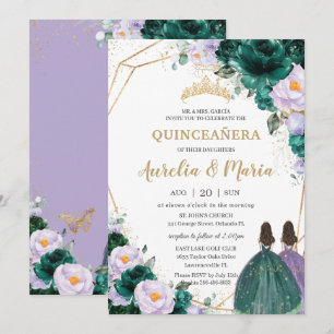 Quinceañera Emerald Green Lila Floral Rozen Twins Kaart