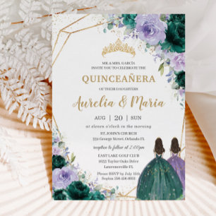 Quinceañera Emerald Green Lila Floral Twins Kaart