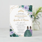 Quinceañera Emerald Green Lila Floral Twins Kaart (Staand voorkant)