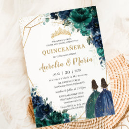 Quinceañera Emerald Green Navy Blue Floral Twins Kaart