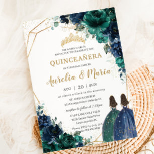 Quinceañera Emerald Green Navy Blue Floral Twins Kaart