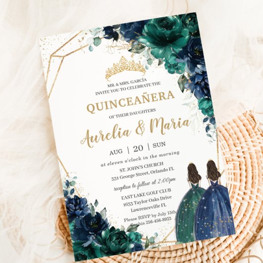 Quinceañera Emerald Green Navy Blue Floral Twins Kaart