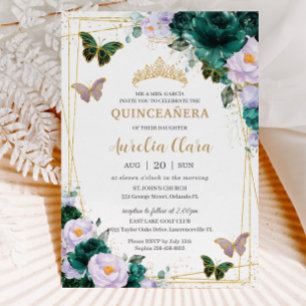 Quinceañera Emerald Green Paars Floral Butterfly Kaart