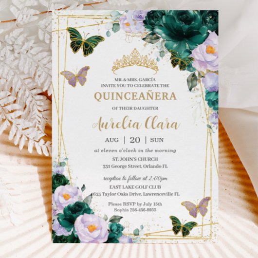 Quinceañera Emerald Green Paars Floral Butterfly Kaart