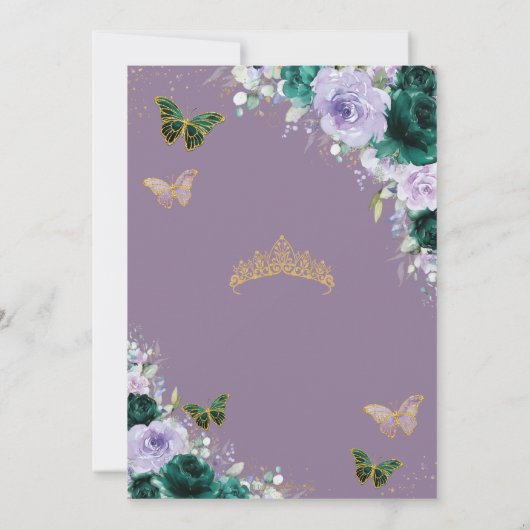 Quinceañera Emerald Green Paars Floral Butterfly Kaart (Achterkant)