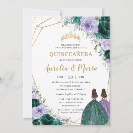 Quinceañera Emerald Green Paarse Floral Twins Kaart (Voorkant)