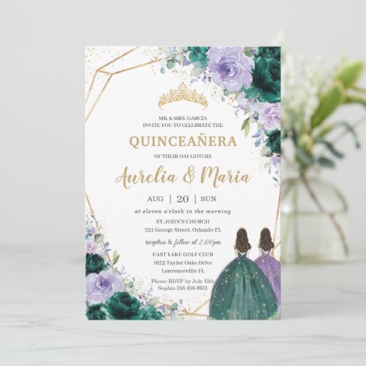 Quinceañera Emerald Green Paarse Floral Twins Kaart (Staand voorkant)