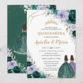 Quinceañera Emerald Green Paarse Floral Twins Kaart (Voorkant / Achterkant)