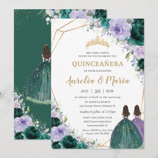 Quinceañera Emerald Green Paarse Floral Twins Kaart (Voorkant / Achterkant)