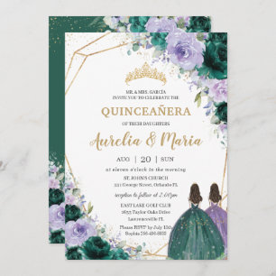 Quinceañera Emerald Green Paarse Floral Twins Kaart