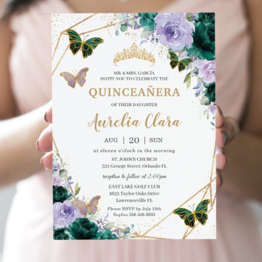 Quinceañera Emerald Green Paarse Lila Floral Kaart