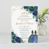 Quinceañera Emerald Green Royal Blue Floral Twins Kaart (Staand voorkant)