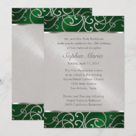 Quinceanera Emerald Green Silver Filigree Swirls Kaart