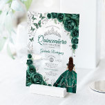 Quinceanera Emerald Green Silver Floral Acryl Uitnodigingen<br><div class="desc">Emerald green silver and white Quinceanera celebration invitation. Features brunette girl in ball gown dress,  script font,  silver butterflies,  watercolor roses and tiara. Perfect for an elegant princess style glam celebration. Personalize with your own details. Stylish transparent or frosted acrylic invitations.</div>