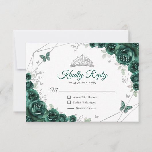 Quinceanera Emerald Green Silver Floral Reply RSVP Kaartje (Voorkant)
