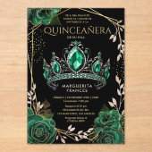 Quinceañera Emerald Green Tiara Zwart Spaans Acryl Uitnodigingen (Voorkant)