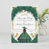 Quinceañera Emerald Groen Bloemen Charro Paarden Save The Date (Staand voorkant)