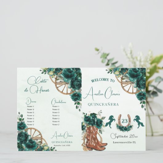 Quinceañera Emerald Groen Bloemen Charro Programma (Staand voorkant)