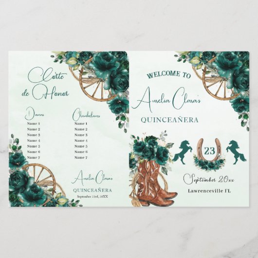 Quinceañera Emerald Groen Bloemen Charro Programma (Voorkant)